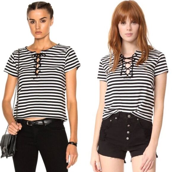 MOTHER tie‎ up crop goodie goodie top black & white striped NWT - Picture 1 of 7